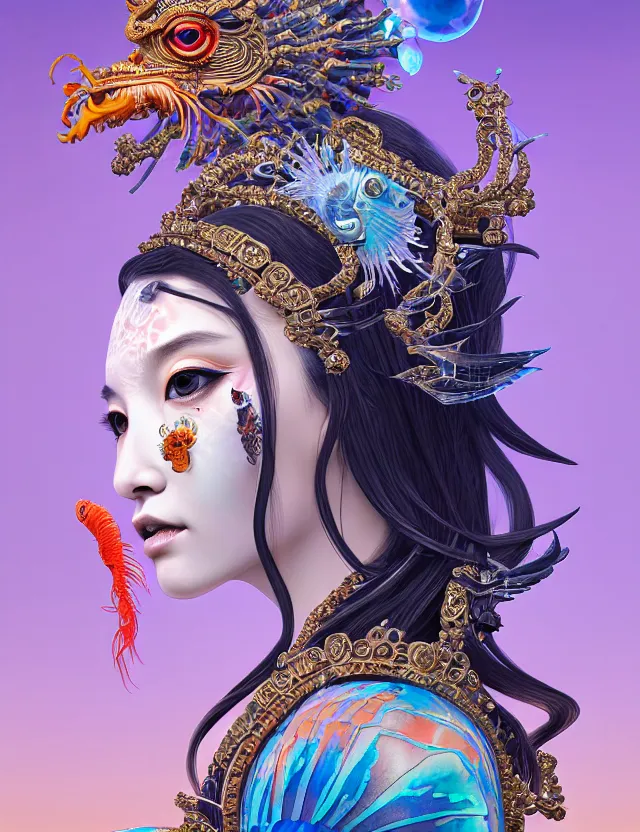 Image similar to 3 d goddess close - up profile portrait with crown, ram skull. beautiful intricately detailed japanese crow kitsune mask and clasical japanese kimono. betta fish, jellyfish phoenix, bio luminescent, plasma, ice, water, wind, creature, artwork by tooth wu and wlop and beeple and greg rutkowski