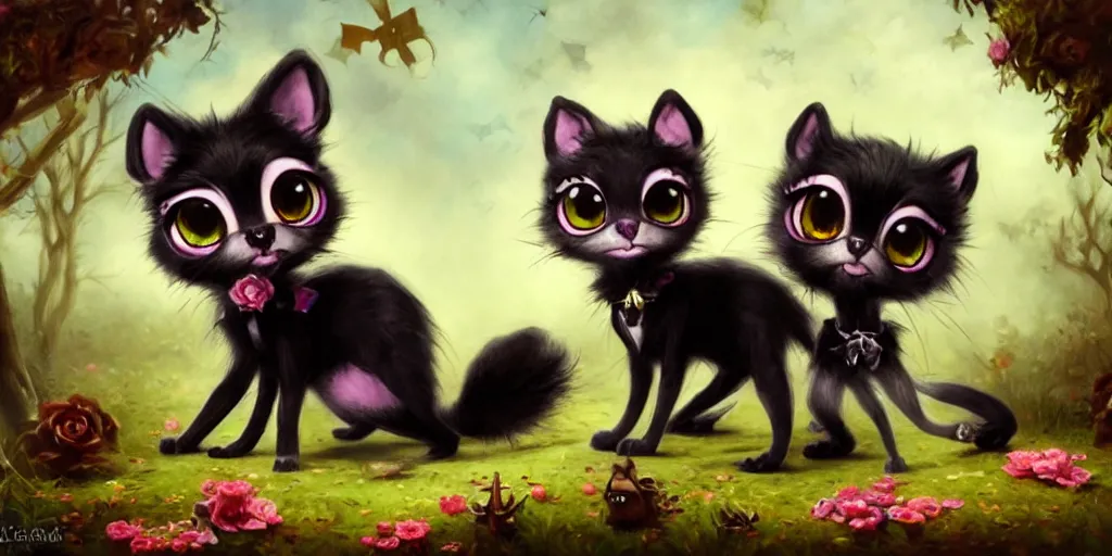 Prompt: 3 d littlest pet shop animal, wearing gothic accessories, gothic bows, gothic outfits, spooky, master painter and art style of noel coypel, art of emile eisman - semenowsky, art of edouard bisson