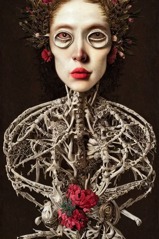 Image similar to Detailed maximalist portrait with large lips and with large white eyes, exasperated expression, botany bones, HD mixed media, 3D collage, highly detailed and intricate, surreal illustration in the style of Caravaggio, dark art, baroque