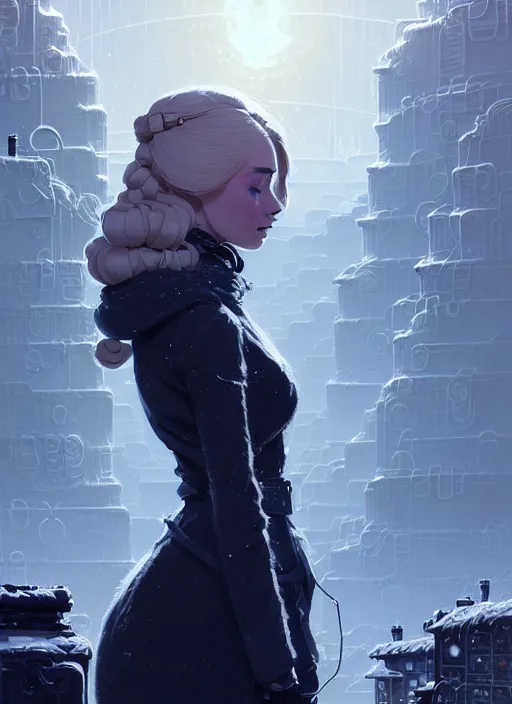 Image similar to highly detailed portrait of a hopeful frostpunk long blonde hair lady with curvy figure, stray wiring by atey ghailan, james gilleard, by joe fenton, by greg rutkowski, by greg tocchini, by kaethe butcher, 4 k resolution, gradient blue, black and white color scheme!!! ( ( glaciated robotic dystopian city background ) )