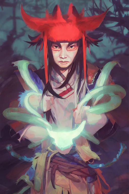 Image similar to Portrait of yokai shaman king, japan, in neon forest, digital art from artstation by Ruan Jia and Mandy Jurgens and Artgerm and Andreas Rocha and Greg Rutkowski