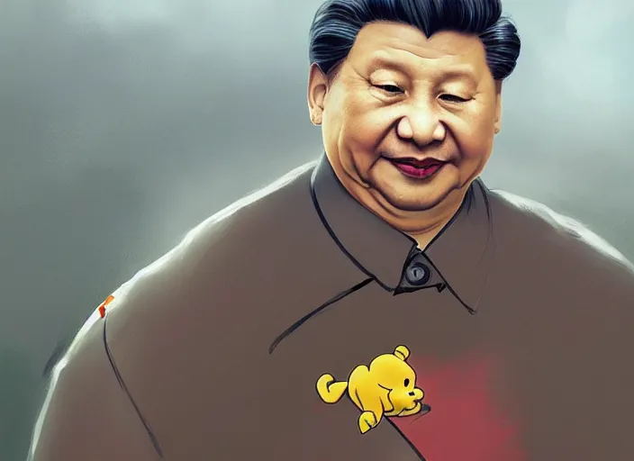 Prompt: portrait of Xi Jinping wearing a Winnie the Pooh onesie in a trashy Chinese dirt poor landfill, hungry, beta weak male, digital painting, concept art, smooth, sharp focus, illustration, from Metal Gear, by Ruan Jia and Mandy Jurgens and William-Adolphe Bouguereau, Artgerm, masterpiece