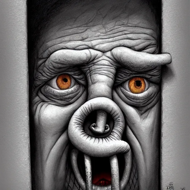 Prompt: behind bars of jail gediminas pranckevicius | close up portrait of a the trump behind jail bars in the sinister valley of despair, one mouth, one nose, two eyes, oil painting by tomasz jedruszek, cinematic lighting, pen and ink, intricate line, hd, 4 k, million of likes, trending on artstation