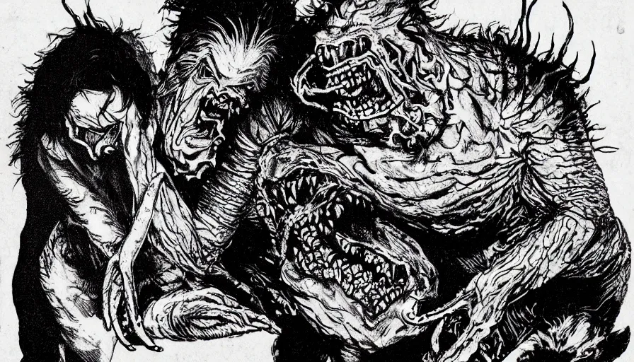 Prompt: a disgusting vile monster eating a man from The Thing, visceral japanese yokai by Cronenberg
