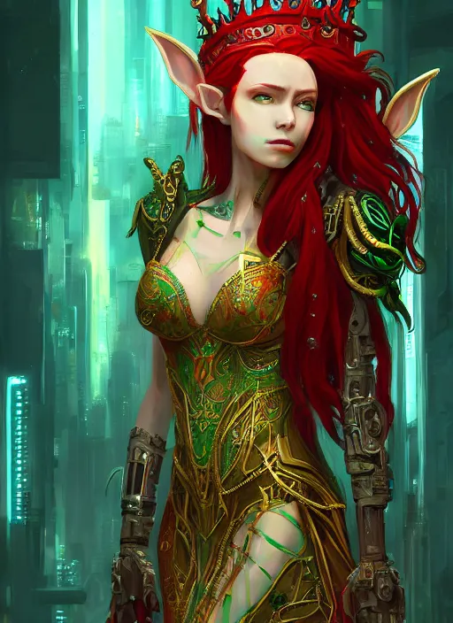 Image similar to a painting of a beautiful cyberpunk elven queen with long red hair, wearing green, red and gold ornate dress, golden intricate crown. detailed symmetrical full body portrait, intricate complexity, concept art, by makoto shinkai and studio madhouse. cinematic dramatic atmosphere, sharp focus