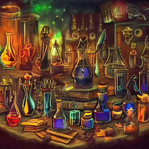 Image similar to dark mysterious scene of these monsters are consumed by fire, yet they remain unharmed. they are surrounded by the tools of the alchemist's trade - beakers and test tubes full of colorful liquids, crystals, and books of ancient knowledge. the scene is suffused with an eerie glow, as if something magical is happening here.