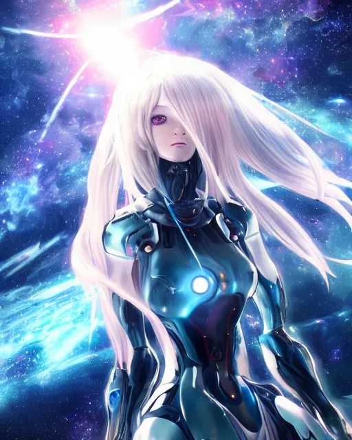 Image similar to photo of anime girl on a mothership, warframe armor, beautiful face, scifi, nebula, futuristic background, galaxy, raytracing, dreamy, focused, sparks of light, pure, long white hair, blue cyborg eyes, glowing, 8 k high definition, insanely detailed, intricate, innocent, art by akihiko yoshida, li zixin, woo kim