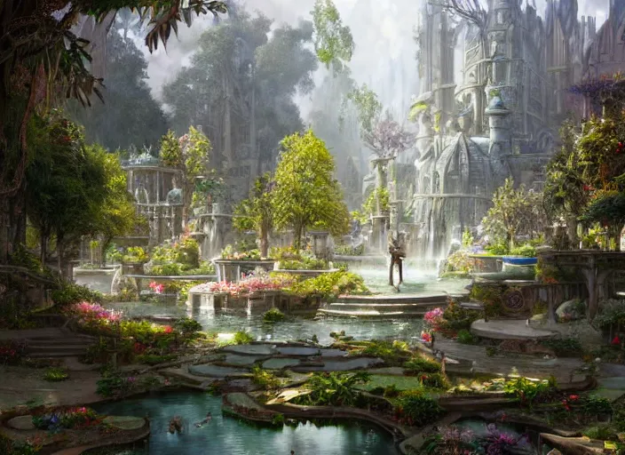 Image similar to a wide open courtyard in a beautiful elven city made of ivory and silver, vivid colors, lush trees, flowers, ponds, fountain, subsurface scattering, volumetric lighting, low angle shot, concept art, fantasy digital painting by James Gurney, by Greg Rutkowski, trending on Artstation, highly detailed