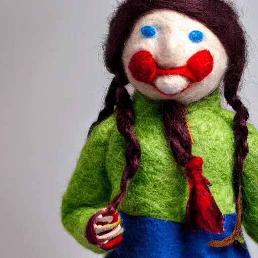 Prompt: close up of greta thunberg, puppet, wool, buttons, dslr photo