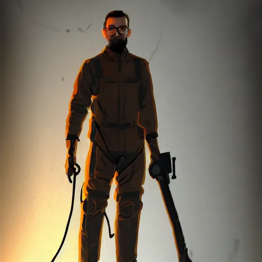 Image similar to high depth, published concept art, halflife 3 gordon freeman standing tall with soft lighting