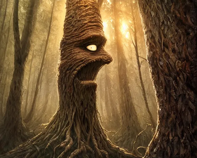 Image similar to a talking tree, a face in the bark, nose made of wood, eyes in the bark, fantasy concept art, big moustache, digital painting, oil painting, hyperrealistic, beautiful, treebeard, ent, magical, highly detailed, soft lighting, golden sunlight, very detailed eyes, artstation, cgsociety, in the forest, by alan lee, by artgerm