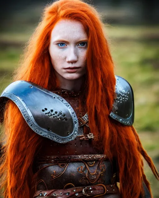 Prompt: north female warrior, red hair, ginger hair, long hair, fantasy, female Viking, high detailed, photography, cloudy, lightweight leather armour, Scandinavia, plain, detailed face, cute face, look into the distance, professional model, glowing skin, serious face, full body, professional photographer, masterpiece, extremely detailed, professional camera, 50 mm, 8k, 3D