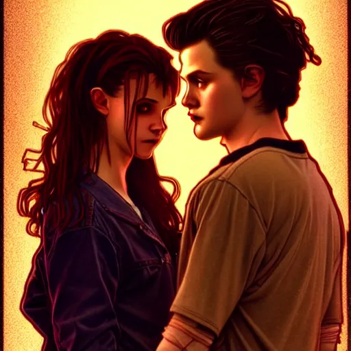 Image similar to Twilight version of Stranger Things, Portrait of Edward and Bella, diffuse lighting, fantasy, intricate, elegant, highly detailed, lifelike, photorealistic, digital painting, artstation, illustration, concept art, smooth, sharp focus, art by Alphonse Mucha