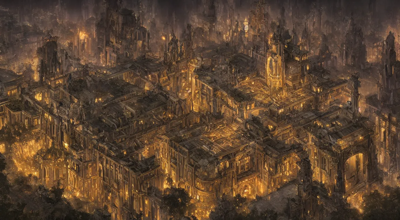 Prompt: monumental beautiful city of naboo steampunk architecture with art nouveau arboretum at night, megascan concrete texture building, cinematic composition, Jaime Jasso, Craig Mullins, wide angle, in the style of hayao miyazaki + brian froud + kim jung gi, studio ghibli, beautiful high detail enhanced 8k render