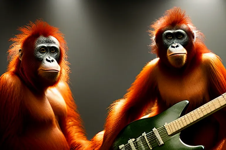 Image similar to vfx film, singing orangutan rockstar onstage band concert, flat color profile low - key lighting award winning photography arri alexa cinematography, big crowd, hyper real photorealistic cinematic beautiful, atmospheric cool colorgrade