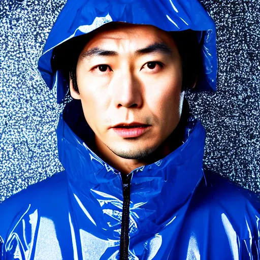 Prompt: a close up photographic portrait of a handsome japanese actor wearing wet weather gear looking worried taken by annie leibowitz. cinematic lighting, blue background colour, 5 0 mm, subsurface scatter, sci fi.