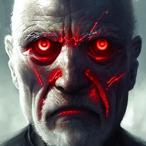 Image similar to close-up, symmetrical, portrait of an old man, glowing red eyes, bruised, scarred, marvel art, art by greg rutkowski, matte painting, trending on artstation