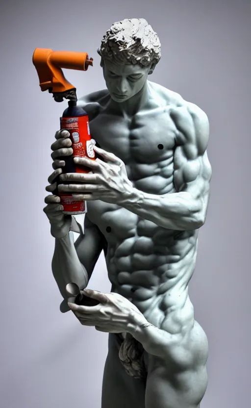 Image similar to sculpture of a graffiti artist holding a spray can by michelangelo, carrara marble, 4 k