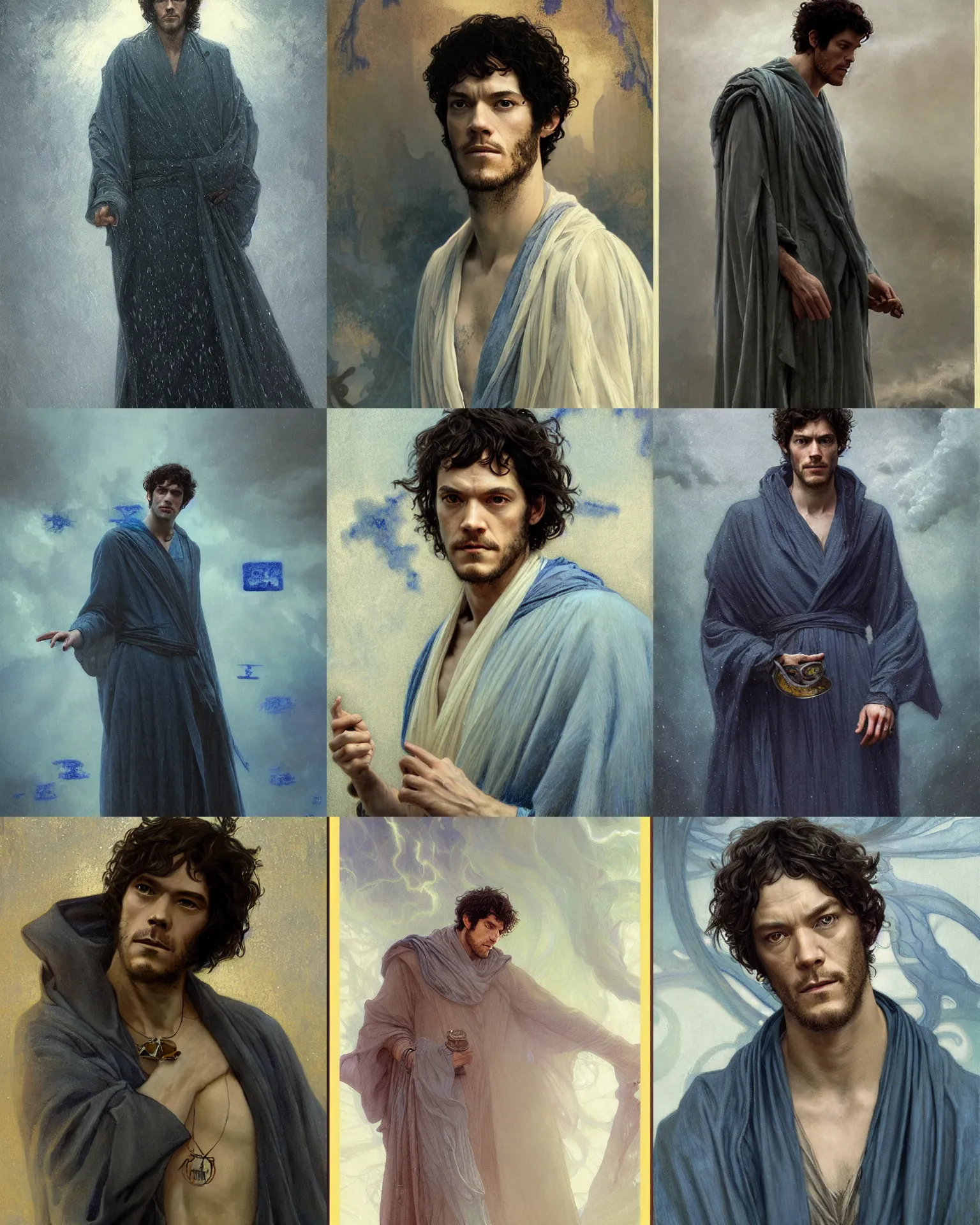 Prompt: portrait of giant adam brody in blue - gray robes, runes, jewelry, mystical, ethereal, magical storm fog, painting by greg rutkowski and alphonse mucha