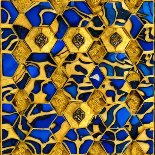 Image similar to an abstract intricately carved marble set with gold flourishes and diamonds of various colors in the form of hexagons against a blue ornate background