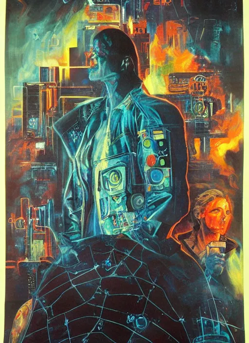 Image similar to 1 9 8 3 movie poster for neuromancer. oil on canvas by john alvin, drew strusan.