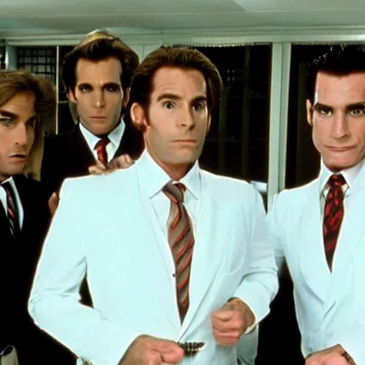 Image similar to huey lewis and the news visit patrick bateman in a pschy ward and give him a kiss on the lips