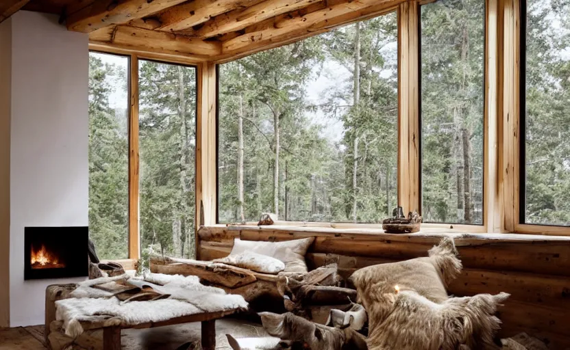 Image similar to rustic modernist cabin living room, large window with a view of a forest, white walls, oak wood timberwork, feng shui, fire place, bohemian, german style, cozy, swedish design