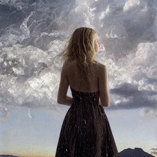 Image similar to Elle Fanning in Santorini at night, head and shoulders portrait, stormy weather, extremely detailed masterpiece, Roger Deakin’s cinematography, oil on canvas, Norman Rockwell,