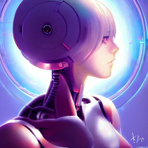 Prompt: digital anime, cyborg - girl looking into a mirror, mechanical insides, reflections, wlop, ilya kuvshinov, artgerm