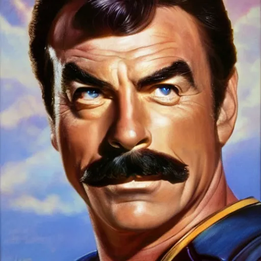 Image similar to ultra realistic portrait painting of tom selleck as captain kirk, art by frank frazetta, 4 k, ultra realistic, highly detailed, epic lighting