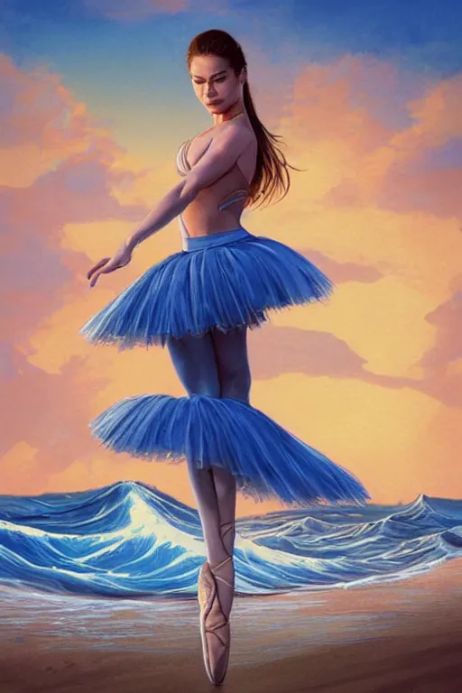 Image similar to a ballet dancing Sofía Vergara as a heroine with a dress inspired by the great wave off kanagawa on the beach at sunrise, digital painting, artstation, concept art, smooth, sharp focus, illustration, in-frame, centered, art by artgerm and donato giancola and Joseph Christian Leyendecker, Ross Tran, WLOP