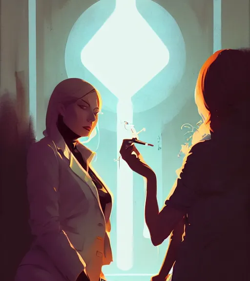 Image similar to portrait of a female john constantine demons around her by atey ghailan, by greg rutkowski, by greg tocchini, by james gilleard, by joe fenton, by kaethe butcher, dynamic lighting, gradient light blue, brown, blonde cream and white color scheme, grunge aesthetic