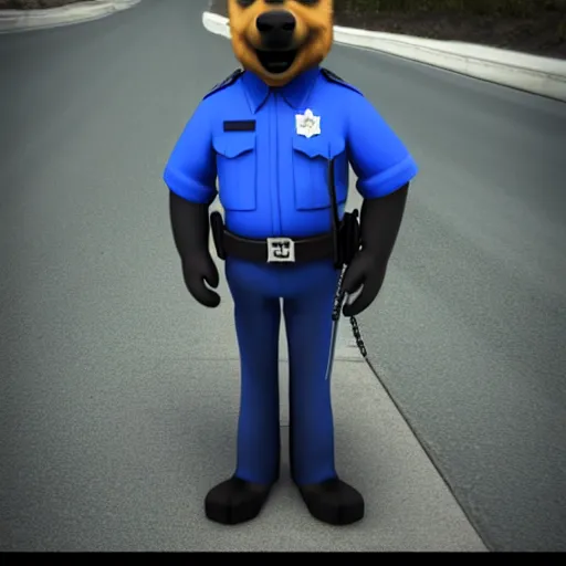 Image similar to police dog german sheperd, 3 d model, cartoony, 4 k, artstation, ultra quality, blue uniform, badge on collar, pixar style, on a highway offramp