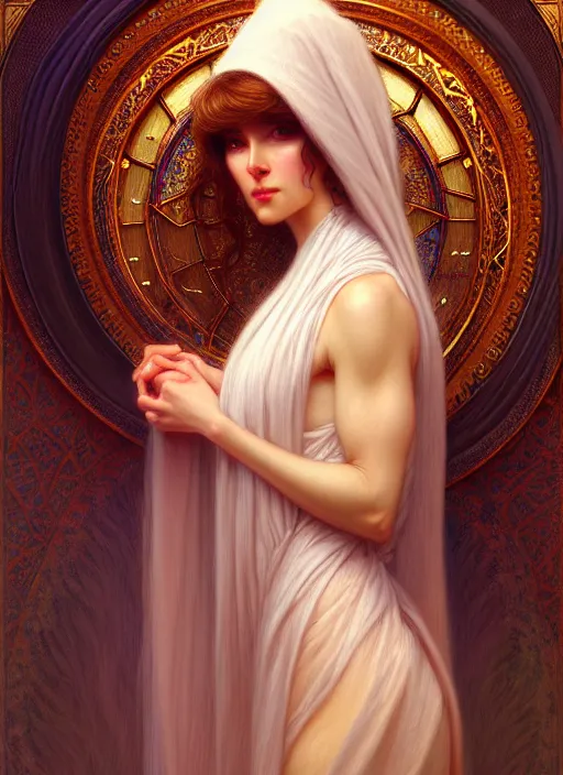 Image similar to character concept portrait of me as modest wife blessed by god to grow ever more intelligent beautiful voluminous muscular tall and virtuous. modestly clothed, intricate, elegant, highly detailed, digital painting, artstation, concept art, symmetry, smooth, sharp focus, illustration, art by gaston bussiere and alphone mucha