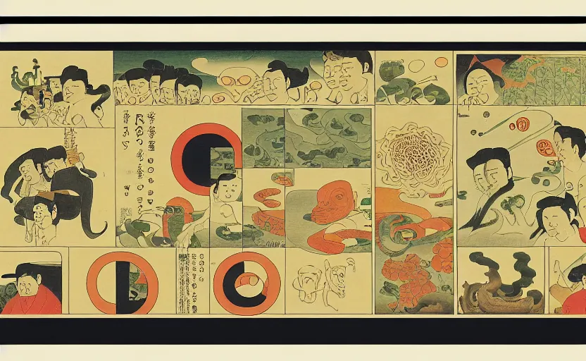 Image similar to business dashboard with time series charts, pie plots and other modern graphics, with small creatures with many eyes. diego rivera ( with slight ukiyo - e influence ). ravi supa.