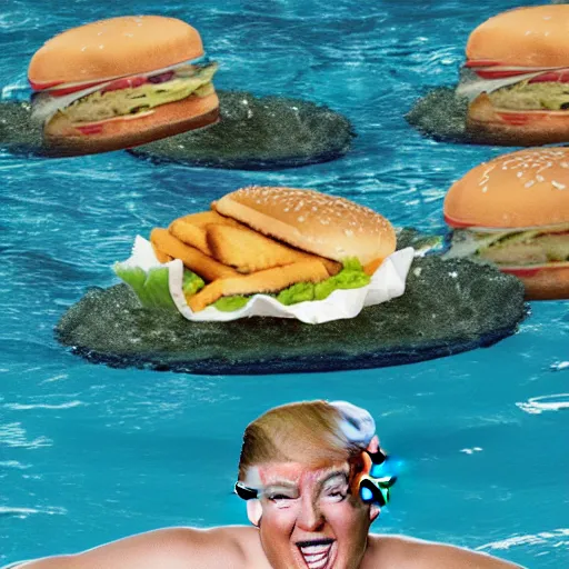 Prompt: Donald trump swimming in a pool filled with McDonalds hamburgers, award winning photograph, 4k, 400mm