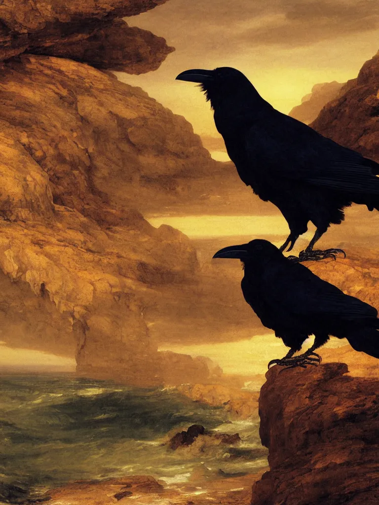 Prompt: a breathtakingly stunningly beautifully highly detailed close up portrait of a raven under a rock arch, epic coves crashing waves plants, beautiful clear harmonious composition, dynamically shot, wonderful strikingly beautiful serene sunset, detailed organic textures, by frederic leighton and rosetti and turner and eugene von guerard, 4 k
