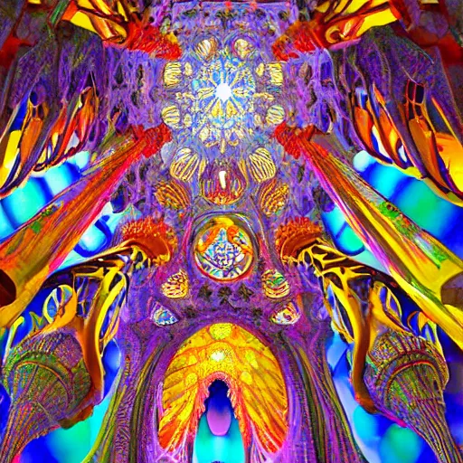 Image similar to architecture by antoni gaudi, john stephens, alex gray, lisa frank