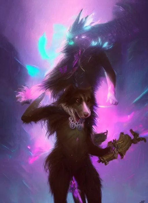 Image similar to wide angle beautiful full body portrait of a cute male anthropomorphic anthro border collie fursona wearing a barbarian outfit in a dark neon rainbow, character design by charlie bowater, henry asencio, and ross tran, disney, scenic background, detailed, glamor pose, aesthetic, trending on artstation, furaffinity, deviantart