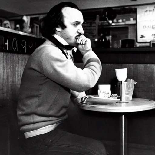 Prompt: edgar allen poe eating at a diner, photography, 8 k, 6 0 s,