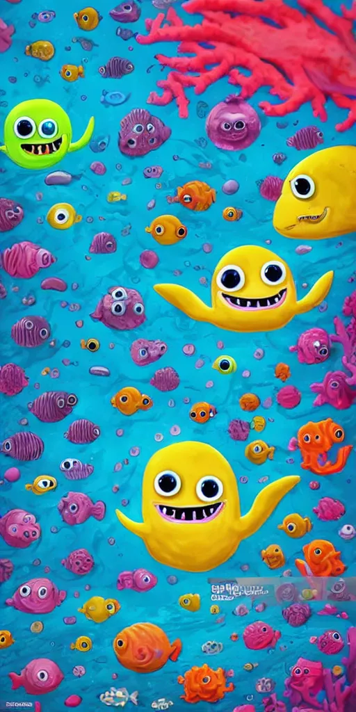 Image similar to colorful cloudy deep sea under water with strange cute friendly happy creatures with huge eyes, mouth, long tongue and round teeth appearing from sandy coral