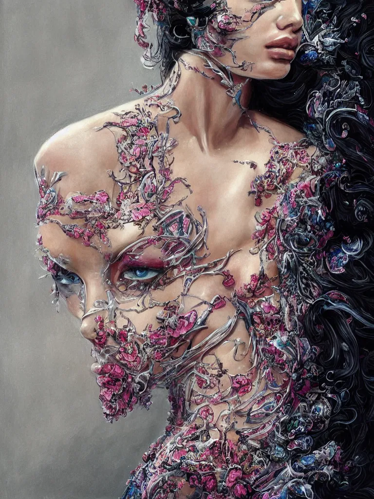 Prompt: Adriana Lima wearing epic haute couture by Alexander McQueen, extremely beautiful and proportionate face, in the aesthetic of mert and marcus, masterpiece, intricate, elegant wardrobe, highly detailed, digital painting, artstation, concept art, crepuscular rays, smooth, sharp focus, illustration, neon cyberpunk colors, art by artgerm and james jean and greg rutkowski and alphonse mucha