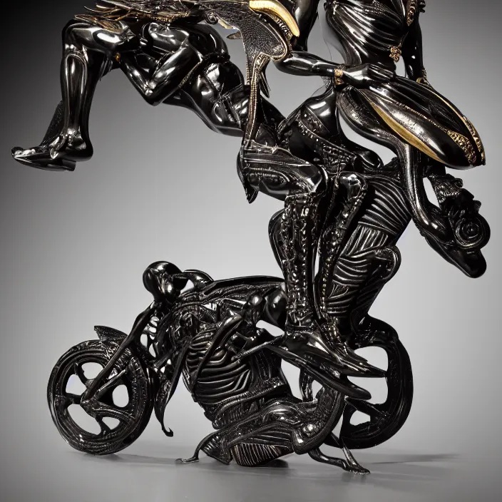 Image similar to fine art statue of black egyptian god on a surrealist motorbike, ebony art deco, carved black marble, inlaid with ebony and gold accents, ebony rococo, wings black lace wear, sculpted by spider zero, zaha hadid, beautifully lit, hyper detailed, intricate, elite, ornate, photorealistic, micro details, 3 d sculpture, ray trace