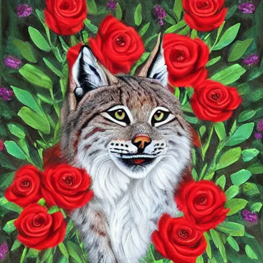 Image similar to lynx wearing a crown!! made out of roses, crown!!! of roses, an expressive oil painting, high quality art,