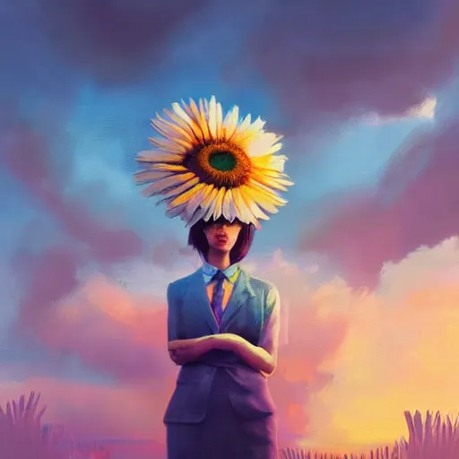 Image similar to giant daisies flower head, frontal, girl in a suit, surreal photography, sunrise, dramatic light, impressionist painting, digital painting, artstation, simon stalenhag