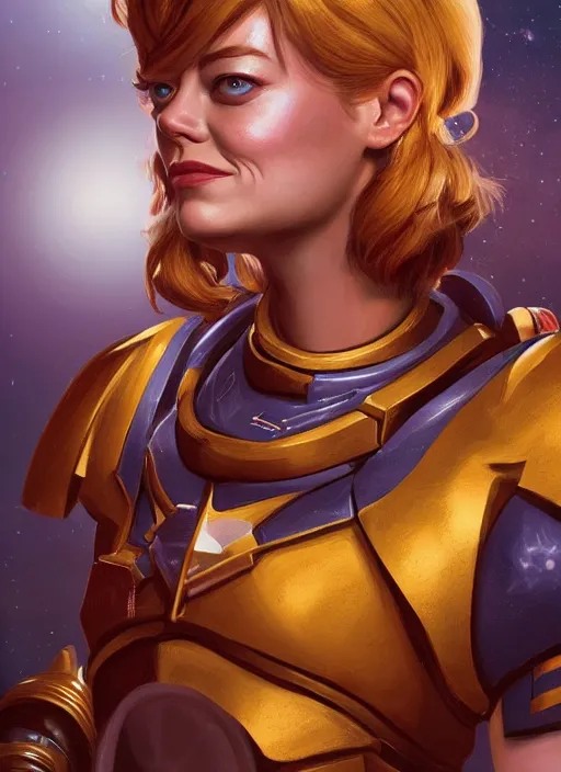 Image similar to cosmic portrait of emma stone as a space marine, apocalypse, naturel, hyper detailed, digital art, trending in artstation, cinematic lighting, studio quality, smooth render, unreal engine 5 rendered, octane rendered, art style by klimt and nixeu and ian sprigger and wlop and krenz cushart.