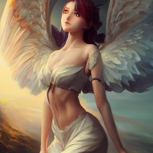 Image similar to an oil painting of a beautiful anime girl with wings, by artgerm, wlop and greg rutkowski, hd, hdr, ue 5, ue 6, unreal engine 5, cinematic 4 k wallpaper, 8 k, ultra detailed, high resolution, artstation, award winning