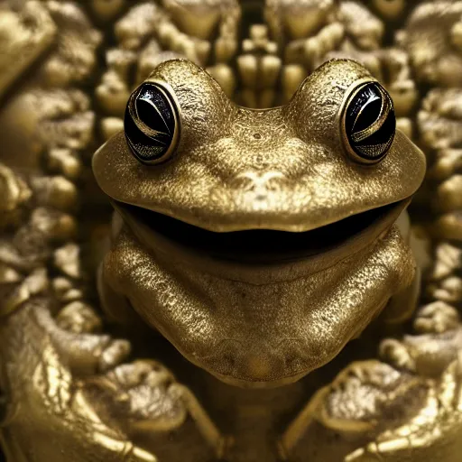 Prompt: frog beautiful natural soft light, rim light, gold fractal details, fine lace, mandelbot fractal anatomical, glass, facial muscles, elegant, ultra detailed, metallic armor, octane render