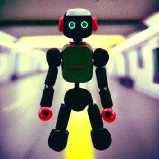 Image similar to fujifilm superia photo of uncanny valley tiny robot, in the empty london underground, dirty, grainy, liminal