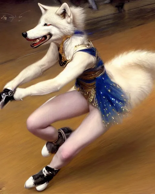 Image similar to white female anthro wolf skating at a roller derby, 4 k, trending on artstation, very expressive detailed face, energetic, action, motion blur, by gaston bussiere, craig mullins, j. c. leyendecker, gustav klimt, artgerm, greg rutkowski, alphonse mucha